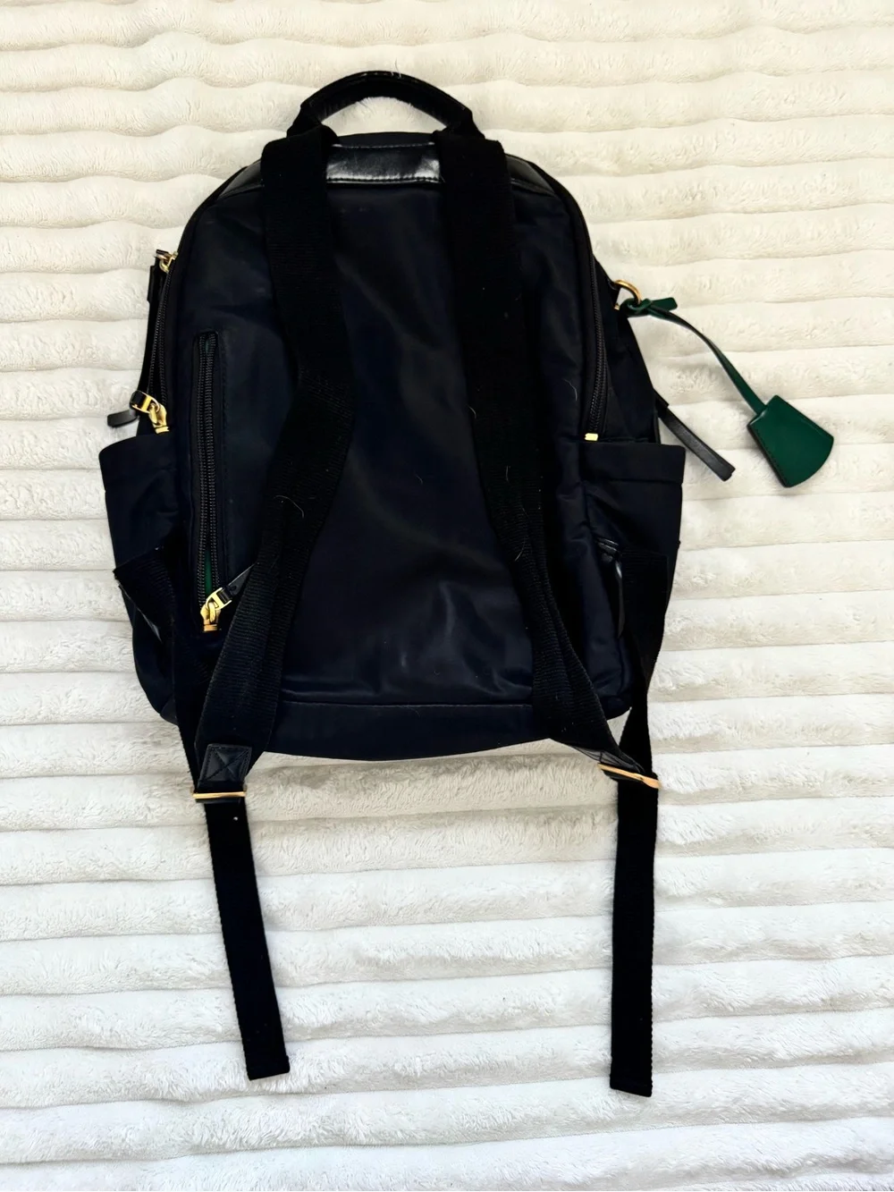 Tory Burch Black Nylon Backpack with Gold Hardware and Green Tag